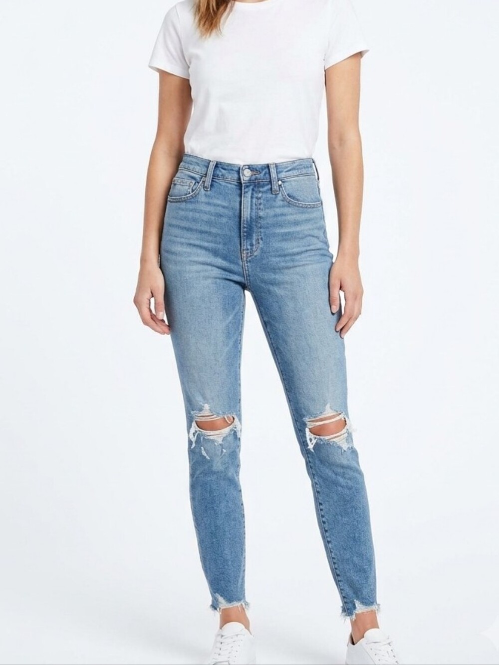Good American Good Waist Distressed Skinny Jeans Size 26 High Rise Raw Hem Blue